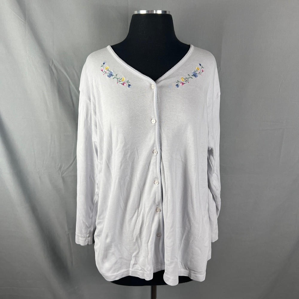 Cherokee Cardigan Sweater Women Large Light Blue Embroidered Floral Button Front